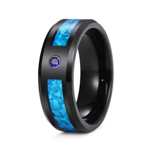 Modern Black Tungsten Steel Ring With Blue Opal And Round Zirconia Inlay High Polished Men Band Wedding Jewelry