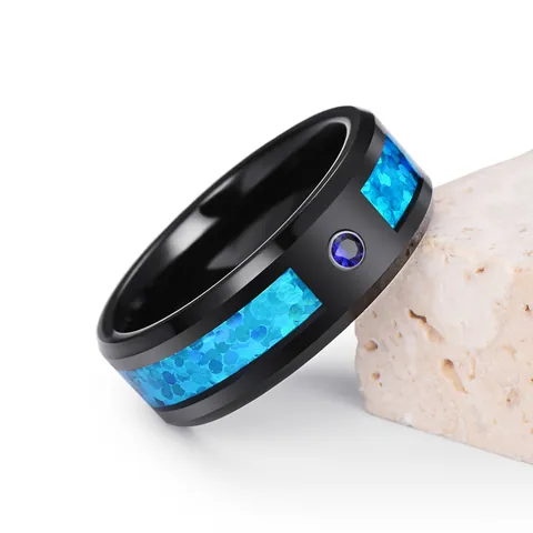 Modern Black Tungsten Steel Ring With Blue Opal And Round Zirconia Inlay High Polished Men Band Wedding Jewelry
