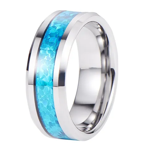 Tungsten Steel Ring For Men Silver Inlaid With Blue Crushed Opal Polished Comfort Fit Simple Fashion Band Jewelry Gift