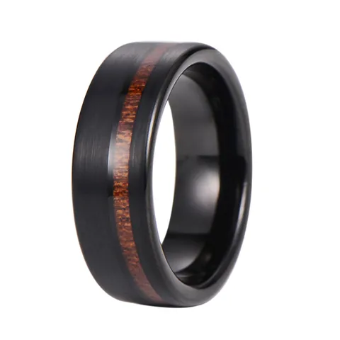 Men Tungsten Steel Ring Black Matte Brushed Finish Rosewood Wood Inlay Polished Inner Band Wide Comfort Fit Jewelry Gift