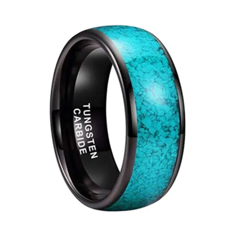 Anello da Uomo in Carburo di Tungsteno Nero da 8mm Con Intarsio di Pietra Turchese Minimalista Moderno Lucidato Gioielli a Fascia
