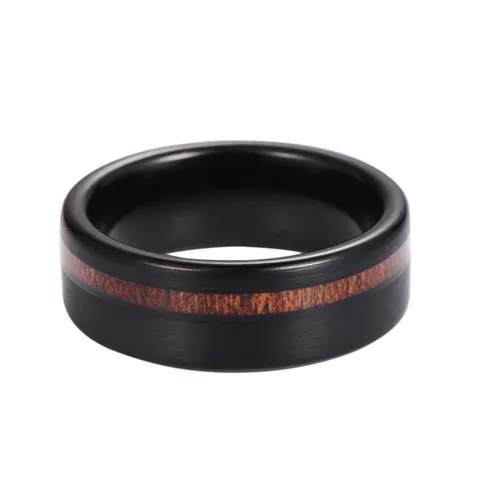 Men Tungsten Steel Ring Black Matte Brushed Finish Rosewood Wood Inlay Polished Inner Band Wide Comfort Fit Jewelry Gift