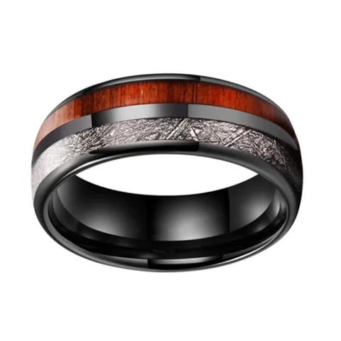 Men's 8mm Black Tungsten Carbide Ring With Rosewood And Meteorite Pattern Inlay Vintage Industrial Style Fashion Jewelry