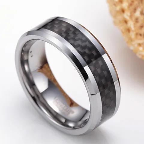 Modern Men Tungsten Steel Ring Inlaid Black Carbon Fiber Polished Band Jewelry Business Wedding Ring For Male Jewelry