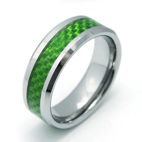 Men Tungsten Steel Ring With Green Carbon Fiber Inlay High Polished Simple Fashion Band Ring For Men Jewelry Accessory