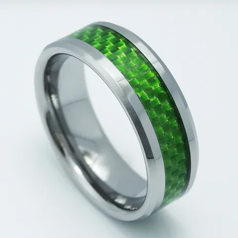 Men Tungsten Steel Ring With Green Carbon Fiber Inlay High Polished Simple Fashion Band Ring For Men Jewelry Accessory