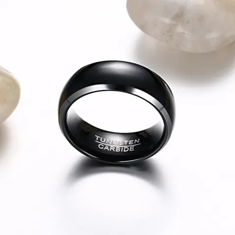 Men's Tungsten Steel Ring Black Center Silver Beveled Edge Polished Band Ring Trendy Jewelry Finger Ring For Daily Wear