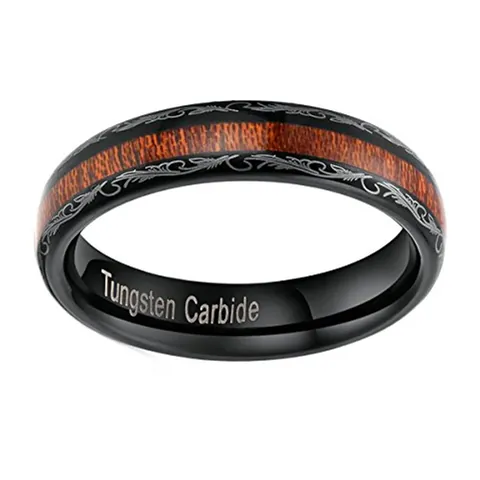 Vintage Tungsten Carbide Ring For Men With Wood Inlay And Vine Pattern Black Band Jewelry Gift