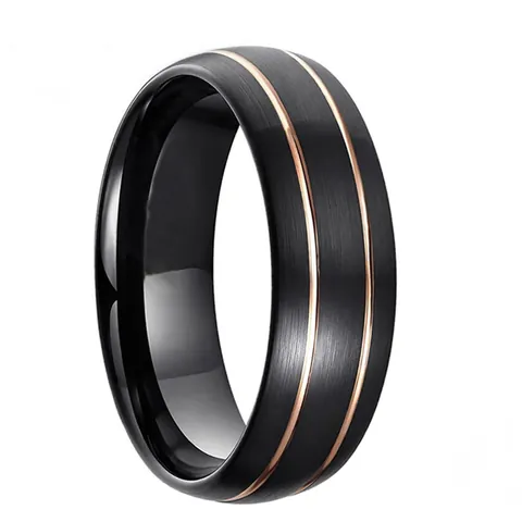Bague en Carbure de Tungstène pour Hommes Finition Brossée Noire Avec Doubles Lignes Or Rose Anneau Intérieur Poli Bijoux Cadeau