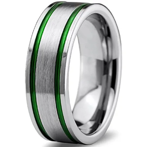 Minimalist Tungsten Steel Ring For Men Silver Brushed Band With Double Green Grooves Fashion Jewelry Wedding Party Gift
