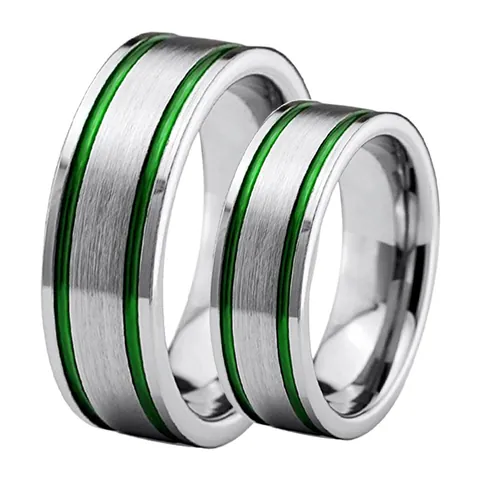 Minimalist Tungsten Steel Ring For Men Silver Brushed Band With Double Green Grooves Fashion Jewelry Wedding Party Gift