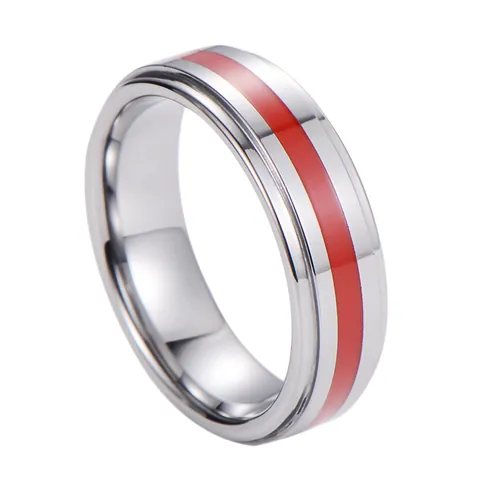 Bague en Acier au Tungstène pour Homme Anneau Métal Argent Poli avec Bande Émail Rouge Inlay Bijoux Mode Minimaliste Taille US