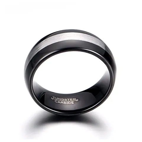 Bague en Carbure de Tungstène pour Homme Bord Poli Noir Centre Argent Brossé Anneau Comfort Fit Bijoux de Mariage