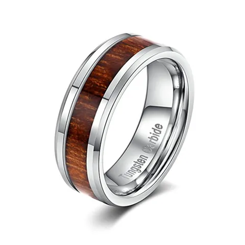 Men's Tungsten Carbide Ring With Acacia Wood Inlay Polished Silver Color Band Ring For Casual Engagement Daily Jewelry