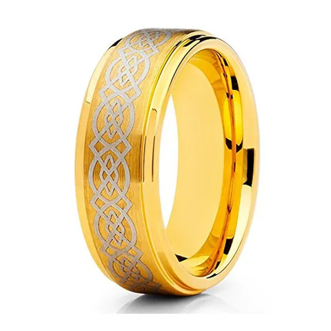 Men Vintage Tungsten Steel Ring Gold Plated Celtic Knot Pattern Brushed Finish Polished Edge Comfort Fit Jewelry Band