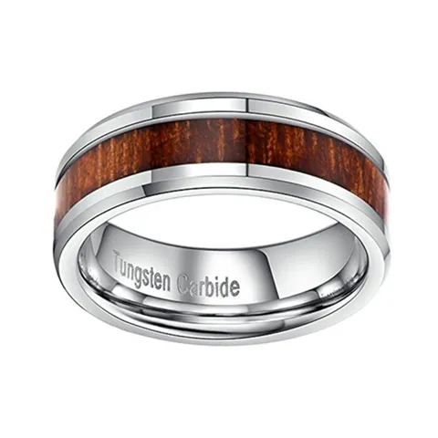 Men's Tungsten Carbide Ring With Acacia Wood Inlay Polished Silver Color Band Ring For Casual Engagement Daily Jewelry