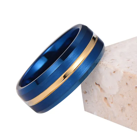 Men's Tungsten Steel Ring 8mm Wide Blue Brushed With Gold Polished Center Stripe Gentleman Minimalist Wedding Band Jewelry