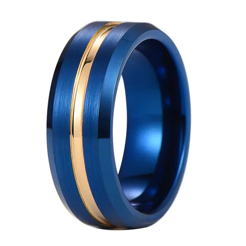 Men's Tungsten Steel Ring 8mm Wide Blue Brushed With Gold Polished Center Stripe Gentleman Minimalist Wedding Band Jewelry