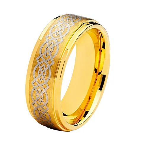 Men Vintage Tungsten Steel Ring Gold Plated Celtic Knot Pattern Brushed Finish Polished Edge Comfort Fit Jewelry Band
