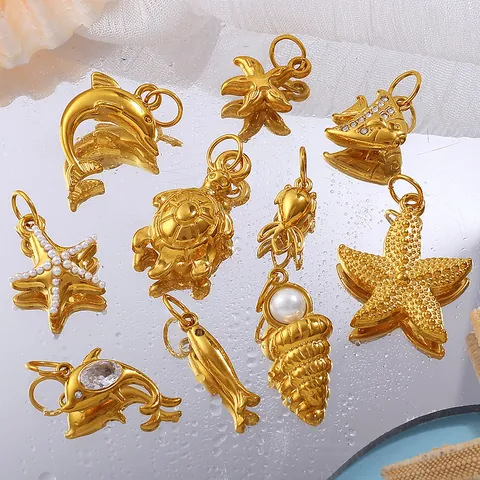 Stainless Steel Ocean Theme Pendants Starfish Shell Turtle Dolphin Seahorse Gold Plated Charms For DIY Jewelry Making