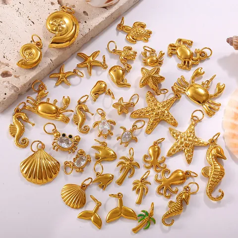 Gold Edelstahl Ozean Anhänger Seestern Krabbe Seepferdchen Schildkröte Muschel Walflosse Oktopus Kokosnussbaum Schmuck Charms