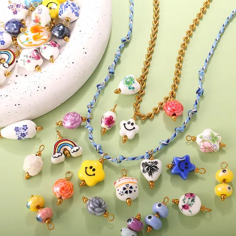 Pendentif en Céramique Dessin Animé Étoile Cœur Floral (Sans Chaîne) Avec Crochet en Acier Inoxydable pour Bijoux DIY