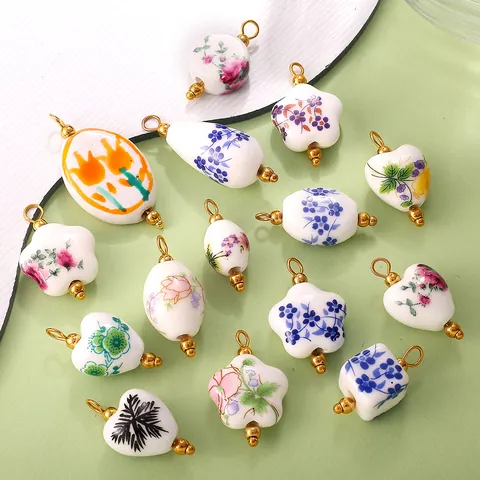 Pendentif en Céramique Dessin Animé Étoile Cœur Floral (Sans Chaîne) Avec Crochet en Acier Inoxydable pour Bijoux DIY