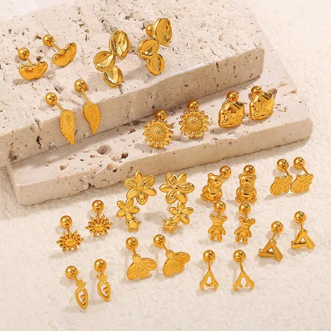 Orecchini a Bottone in Acciaio Inossidabile 304 Oro per Donna Vintage Orso Girasole Cuore Geometrico Piercing all'Orecchio Gioielli