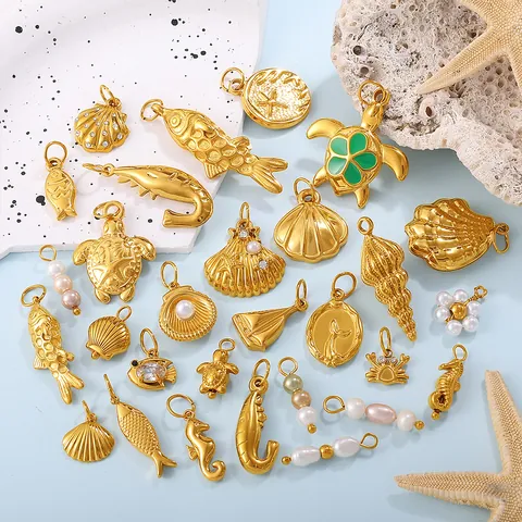 Ocean Theme Stainless Steel DIY Pendants Gold Plated Sea Animal Shell Turtle Fish Starfish Artificial Pearl Zircon Jewelry Making Charms