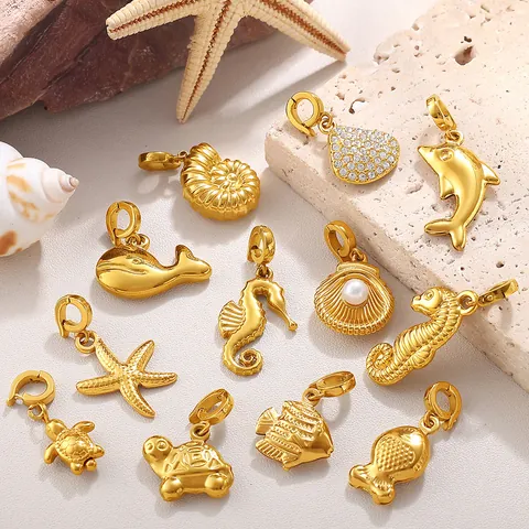 Stainless Steel Ocean Theme Pendants Sea Horse Dolphin Shell Turtle DIY Charms For Bikini Jewelry Making Gold Plated