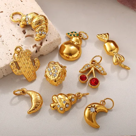 18K Vergoldeter Edelstahl DIY Anhänger Kollektion Zirkonia Eingelegt Essen Obst Stern Charms Für Halskette Armband Herstellung Damen Zubehör