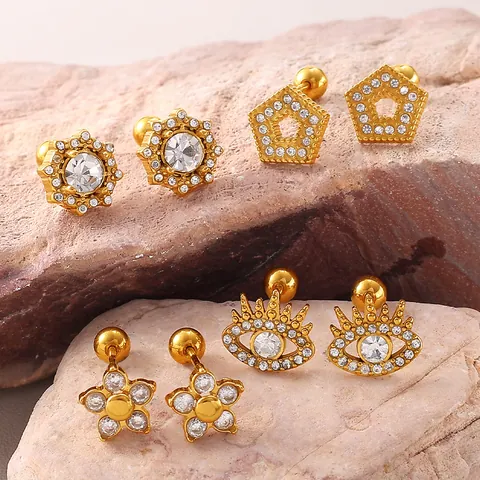 Boucles d'Oreilles Clous en Acier Inoxydable Zircon Fleur Cœur Étoile Plaqué Or Boule à Vis Petits Strass Femmes