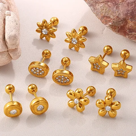 Boucles d'Oreilles Clous en Acier Inoxydable Zircon Fleur Cœur Étoile Plaqué Or Boule à Vis Petits Strass Femmes