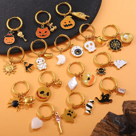 Halloween Stainless Steel Hoop Earrings With Pumpkin Ghost Skeleton Eyeball Mummy Charms Gold Plated Festive Jewelry For Women