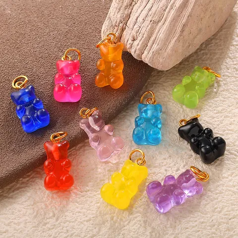 Cute Colorful Gummy Bear Charms Resin Pendants With Stainless Steel Rings For DIY Jewelry Making Necklace Bracelet Women
