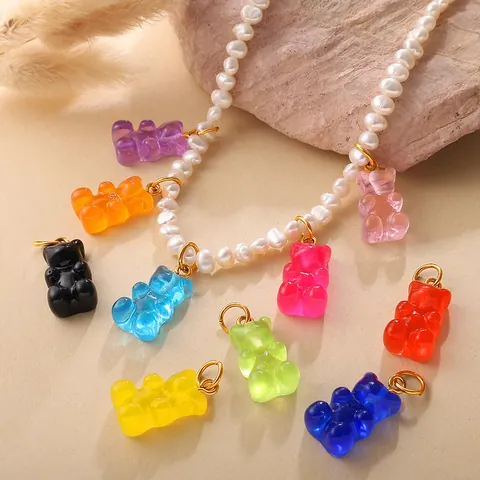 Cute Colorful Gummy Bear Charms Resin Pendants With Stainless Steel Rings For DIY Jewelry Making Necklace Bracelet Women