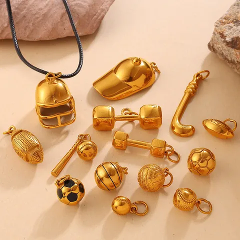 Vintage Stainless Steel Gold Pendants For DIY Jewelry Making Sports Dumbbell Football Basketball Helmet Pyramid Charms For Necklace Bracelet Making