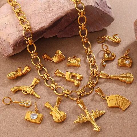 Stainless Steel DIY Pendants Gold Silver Hip Hop Punk Style Charms For Necklace Bracelet Making Camera Guitar Radio Poker Airplane Jewelry Findings
