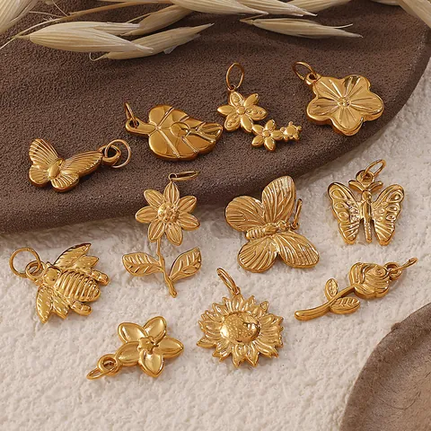 Vintage Gold Stainless Steel Butterfly Flower Leaf Bee Pendant Charms For DIY Necklace Making Women Jewelry Pendant Only