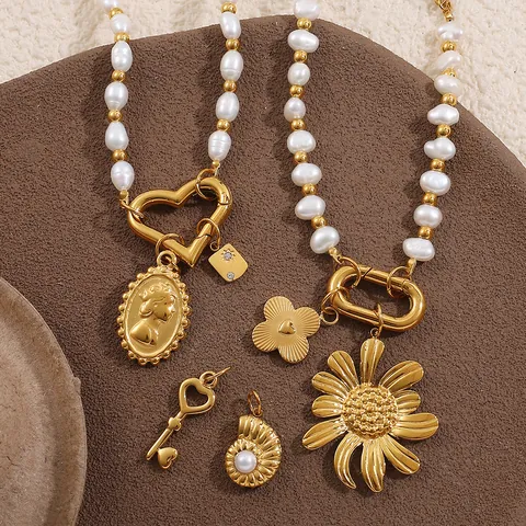 Vintage Süßwasserperle Edelstahl Halskette Armband Set Vergoldet Herz Bär Anhänger Mode Schmuck Für Damen