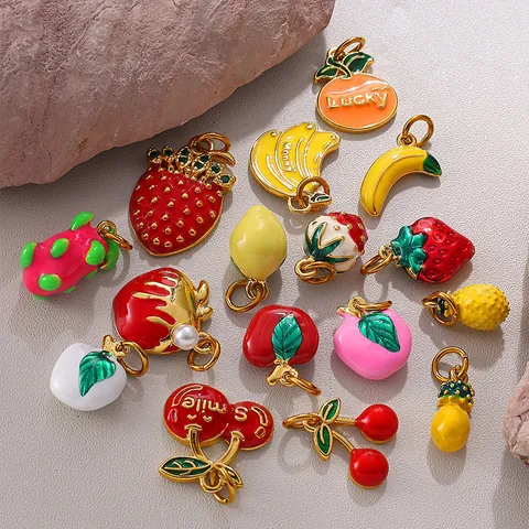 DIY Fruit Enamel Pendants Titanium Steel Strawberry Cherry Lemon Banana Orange Dragon Fruit Enamel Charms For Necklace Bracelet Making
