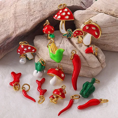 Creative Enamel Copper Vegetable Pendant Mushroom Chili Corn Cabbage Bell Pepper Charms For DIY Jewelry Making Accessories