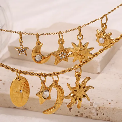 Stainless Steel 18K Gold Plated Celestial Sun Moon Star DIY Pendant Charms For Jewelry Making Zircon Shell Accents Pendants