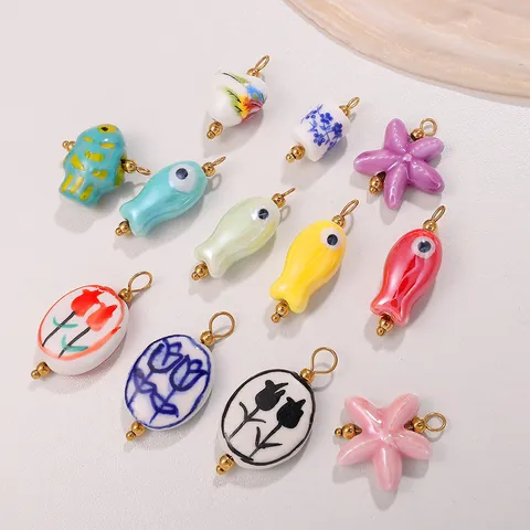 18K Gold Plated Stainless Steel Ceramic Freshwater Pearl DIY Pendants For Jewelry Making Hand Painted Fish Starfish Charms