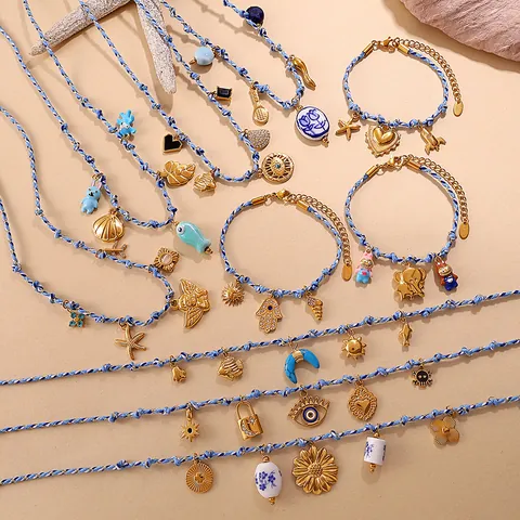 Handmade Woven Rope Jewelry Set Stainless Steel Ceramic Enamel Ocean Starfish Animal Charm Necklace Bracelet For Women Summer Vacation Accessory
