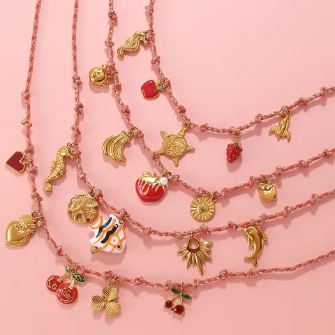 Handmade Braided Rope Necklace Bracelet Set Gold Plated Stainless Steel Enamel Charm Jewelry Strawberry Heart Pendant For Women