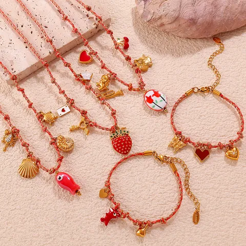 Handmade Braided Rope Necklace Bracelet Set Gold Plated Stainless Steel Enamel Charm Jewelry Strawberry Heart Pendant For Women