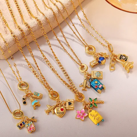 Stainless Steel Pendant Necklace Travel Theme Gold Plated Jewelry For Women Plane Luggage Passport Eiffel Tower Charms
