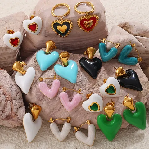 Vintage Stainless Steel Heart Earrings For Women Gold Plated Enamel Zirconia Inlaid Stud Hoop Dangle Fashion Jewelry