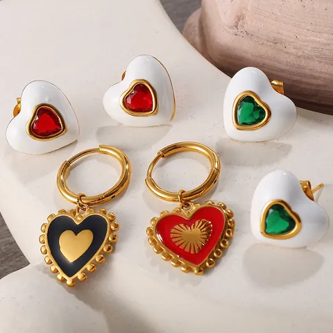 Vintage Stainless Steel Heart Earrings For Women Gold Plated Enamel Zirconia Inlaid Stud Hoop Dangle Fashion Jewelry